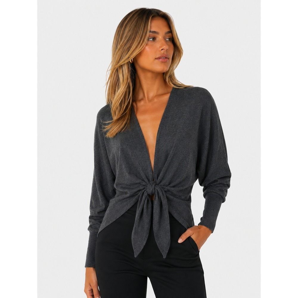 Grade & Gather Gray Tie Front Dolman Sleeve Knit Top Sweater S M
